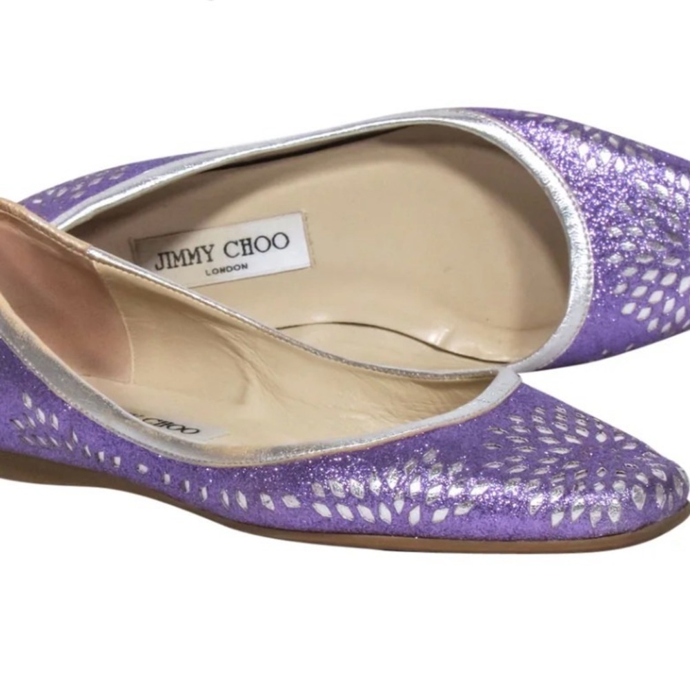 Jimmy Choo Purple Glitter Floral Cutout Ballet Flats with Silver Trim 38.5 US 8